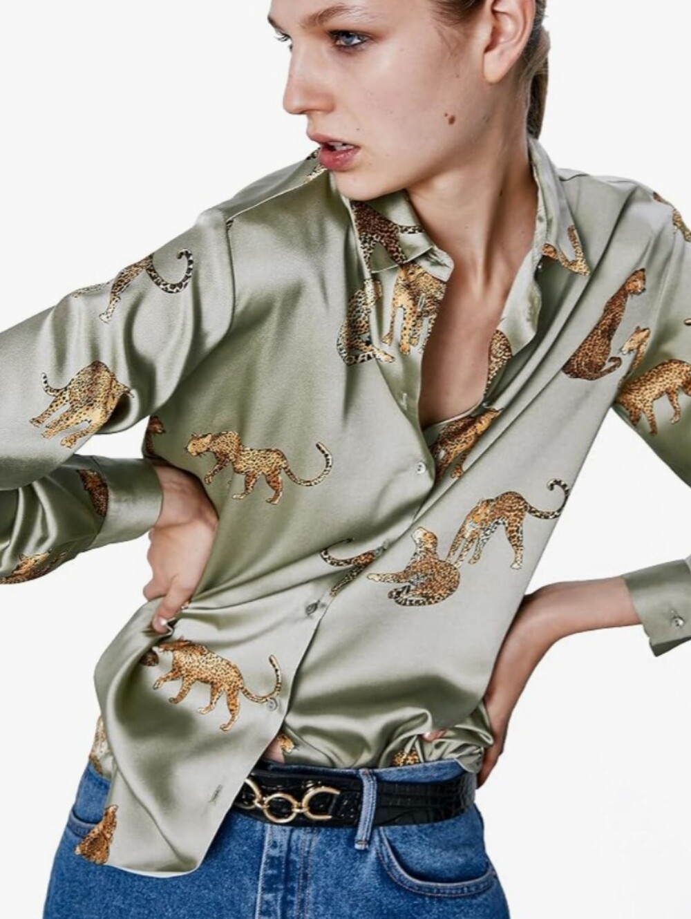 Umgee Sage Green Satin Button-Down Shirt with Leopard Print